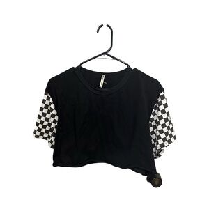 Emma & Sam Black tshirt crop top with checker sleeves